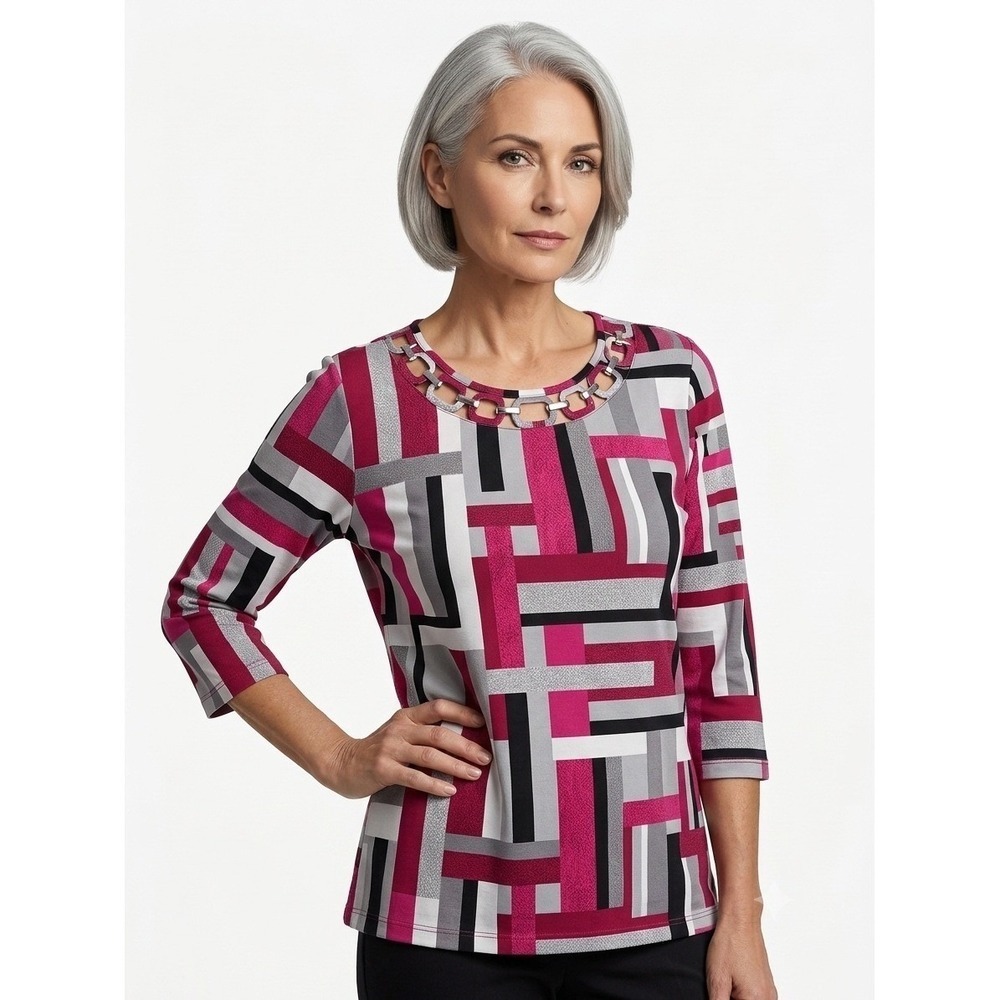 Alfred Dunner Top PL Pink Black Grey Geometric Rhinestone Cage Neck 3/4 Sleeve